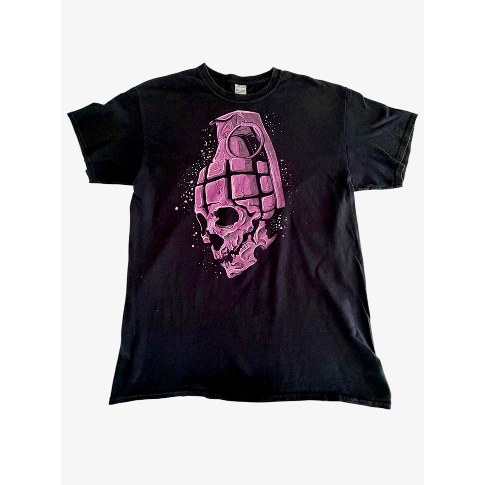Vintage Y2K Purple Skeleton Grenade Graphic Tee Goth Grunge Tee Shirt XL